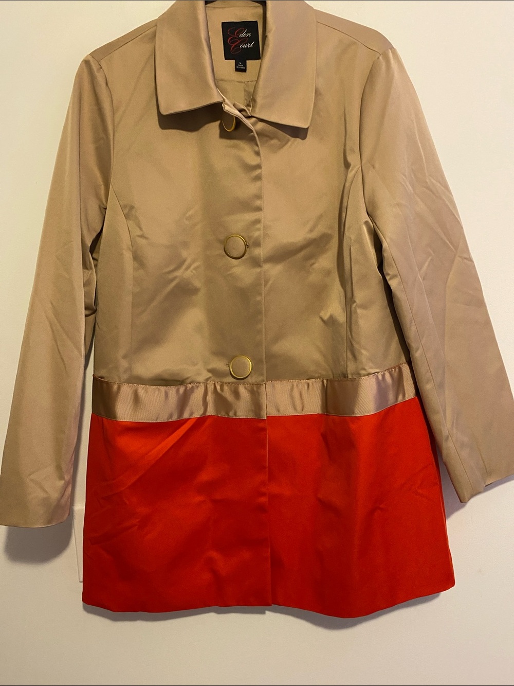 Eden Court Beige and Red Colorblock Trench Coat, pockets in the front